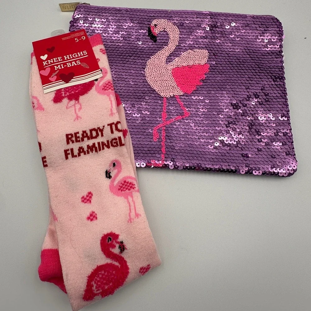 Pink and Lavender Tarte Flamingo Sequin Makeup Bag & New Flamingo Knee Hi Socks